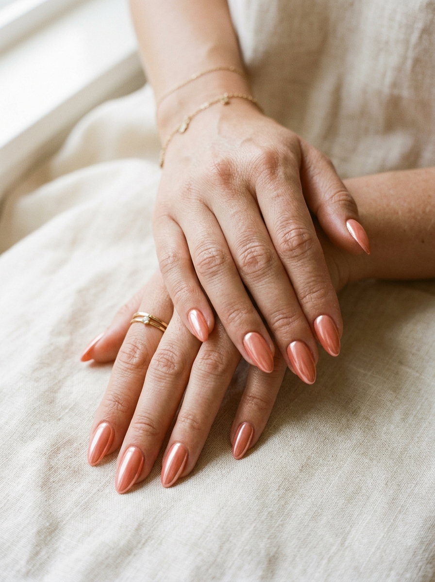 Soft Coral Chrome Nails